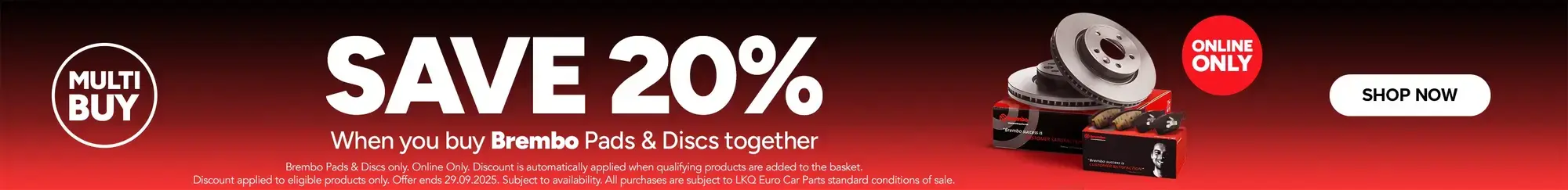 Save 20% on Brembo Discs and Pads when purchased together  
