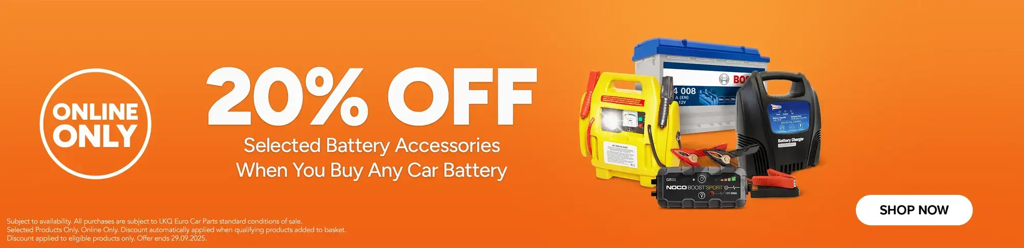 Save 20% on selected Battery Accessories when you buy any Car Battery