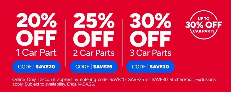 Buy 1 Car Part and save 20% with code SAVE20, Buy 2 Car Parts and save 25% with code SAVE25, Buy 3 Car Parts and save 30% with code SAVE30
