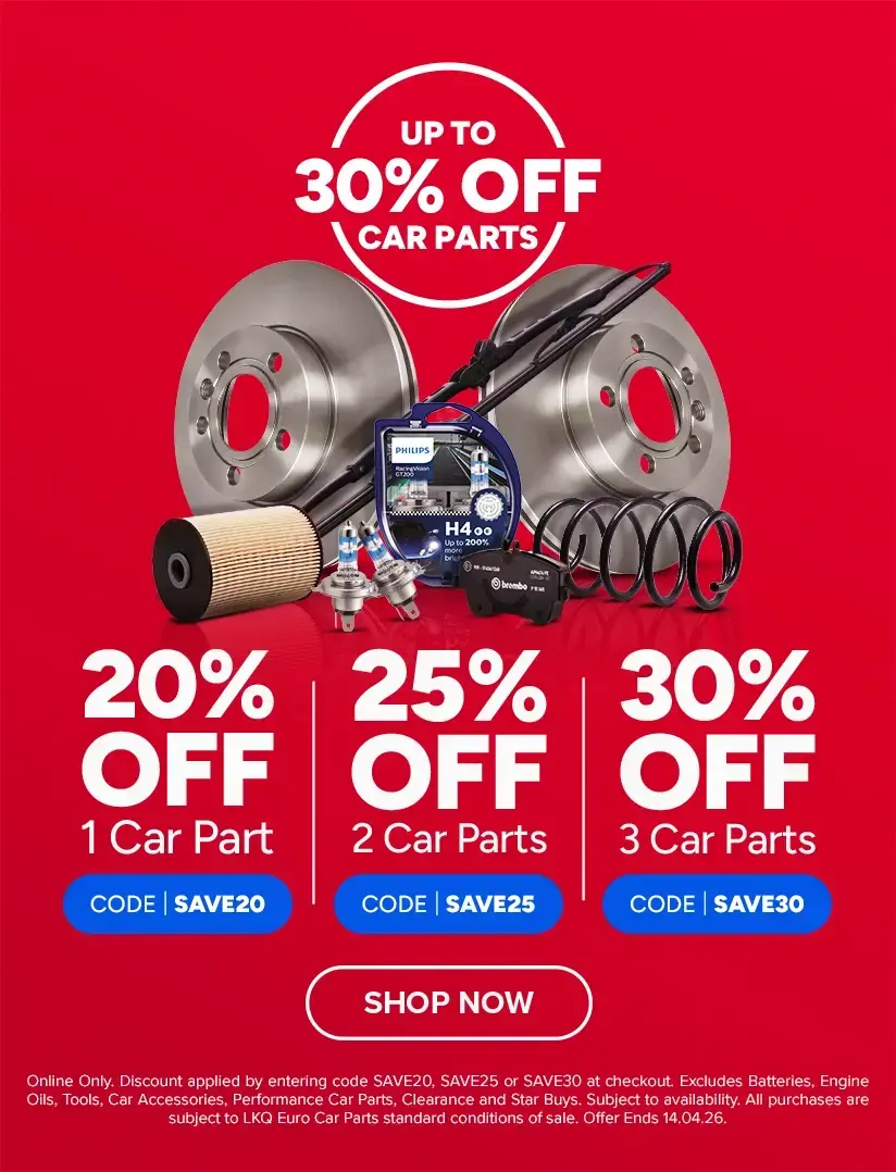 Buy 1 Car Part and save 20% with code SAVE20, Buy 2 Car Parts and save 25% with code SAVE25, Buy 3 Car Parts and save 30% with code SAVE30