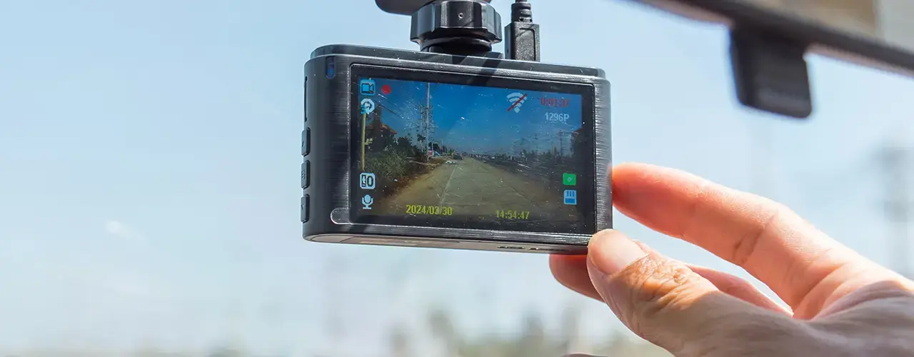 A small dashcam in front of a car windscreen recording journey.