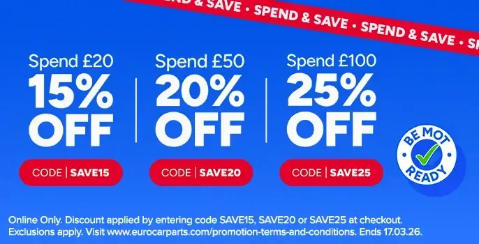 Spend & Save on Car Parts - Use SAVE25, SAVE20 or SAVE15