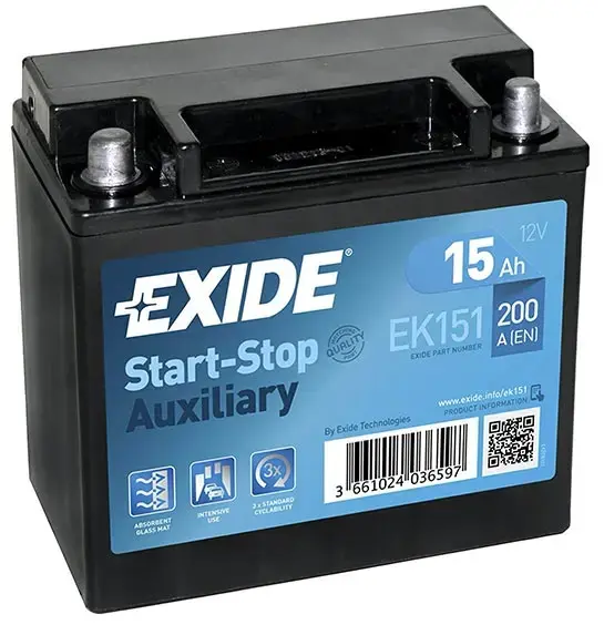 Exide EK151 AGM Stop/Start 15AH 200CCA Auxilary Battery - 1 Year Guarantee