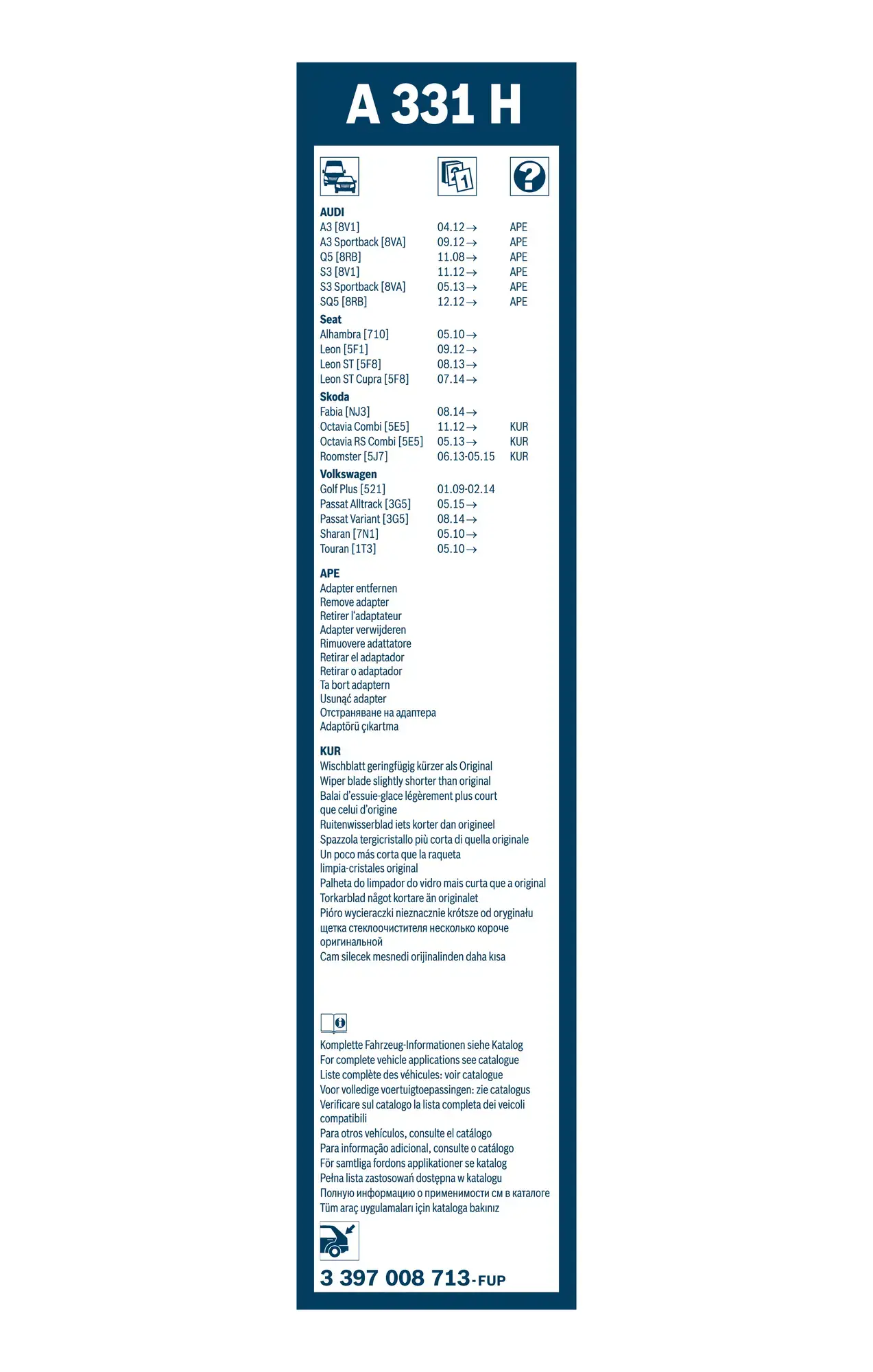 Bosch Aerotwin Flat Wiper Blade Rear A331H