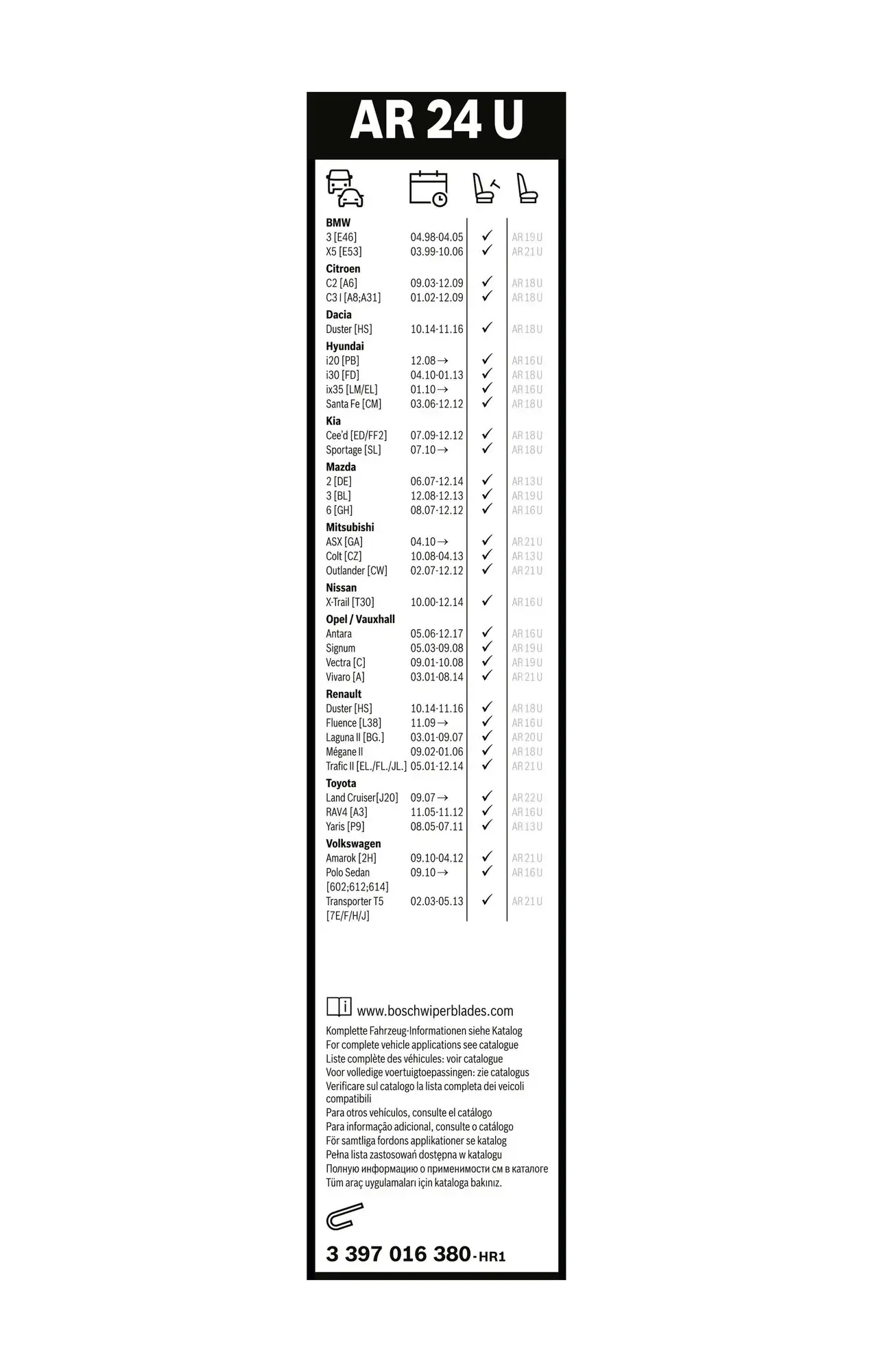 Bosch Aerotwin Retrofit Single Flat Wiper Blade AR24U