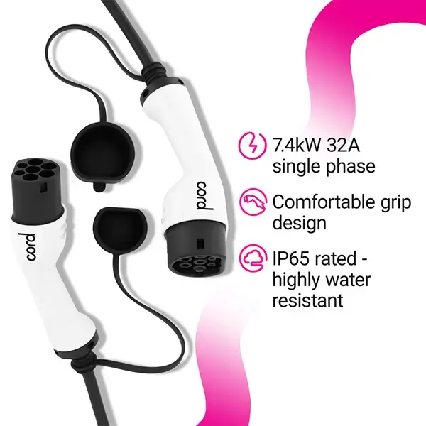 CORD Type 2 to Type 2 EV Charging Cable, 32amp, 7.4kW, 5 Metre, Single Phase