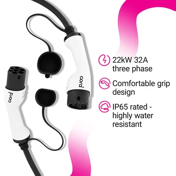 CORD Type 2 to Type 2 EV Charging Cable, 32amp, 22kW, 10 Metre, Three Phase