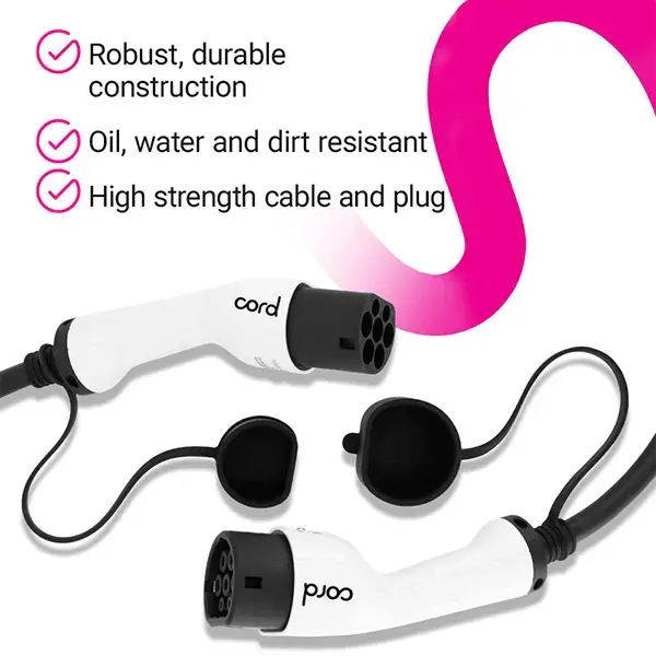 CORD Type 2 to Type 2 EV Coiled Charging Cable, 32amp, 22kW, 5 Metre, Three Phase