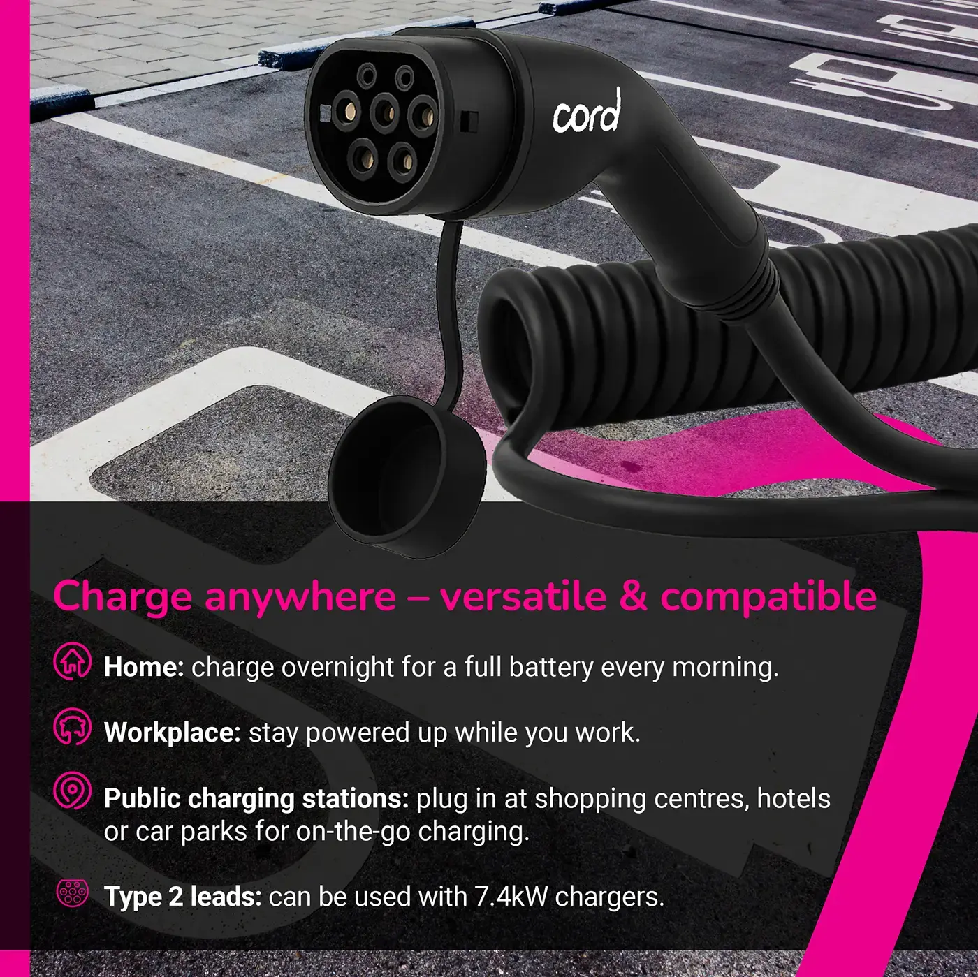 CORD Coiled EV Charging Cable - 5m Type 2 to Type 2, 230V 32A 7.4kW, Single Phase