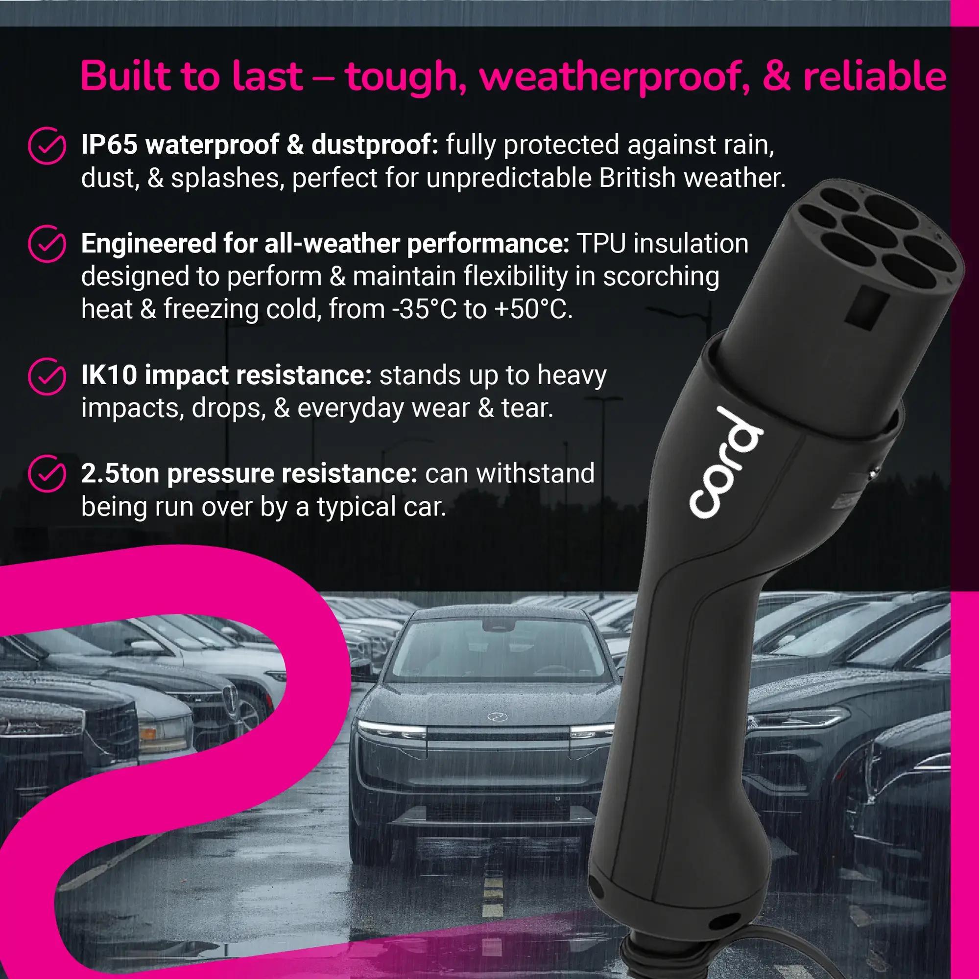 CORD Coiled EV Charging Cable - 5m Type 2 to Type 2, 230V 32A 7.4kW, Single Phase