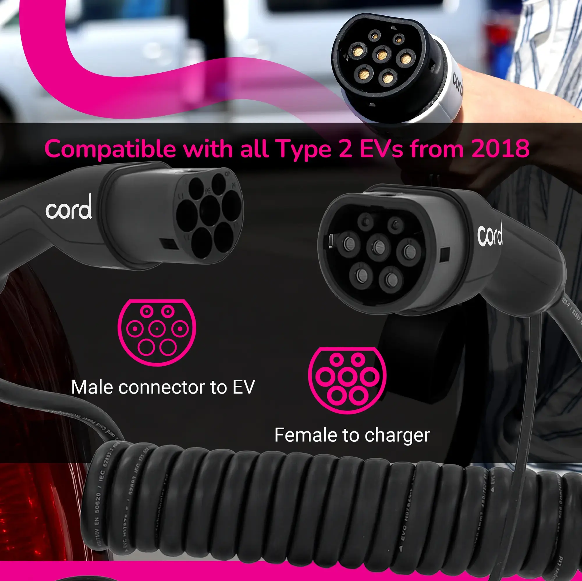 CORD Coiled EV Charging Cable - 5m Type 2 to Type 2, 230V 32A 7.4kW, Single Phase