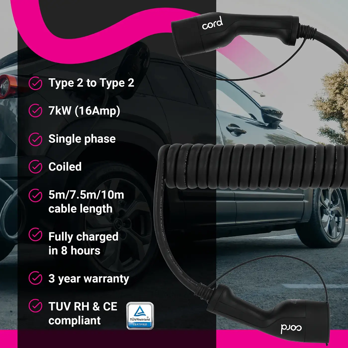 CORD Coiled EV Charging Cable - 10m Type 2 to Type 2, 230V 32A 7.4kW, Single Phase