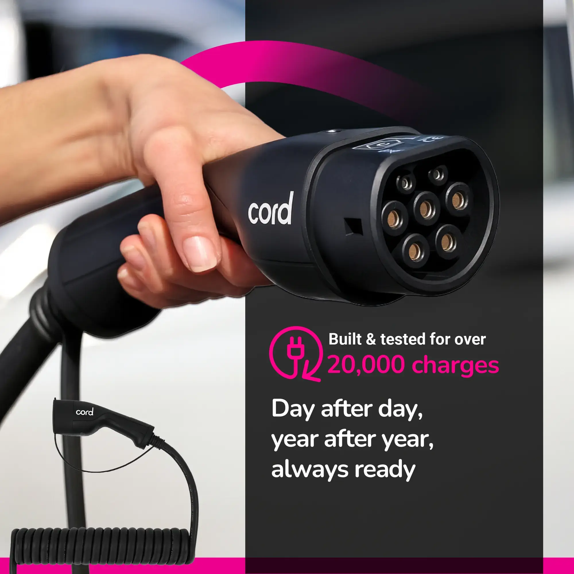 CORD Coiled EV Charging Cable - 10m Type 2 to Type 2, 230V 32A 7.4kW, Single Phase