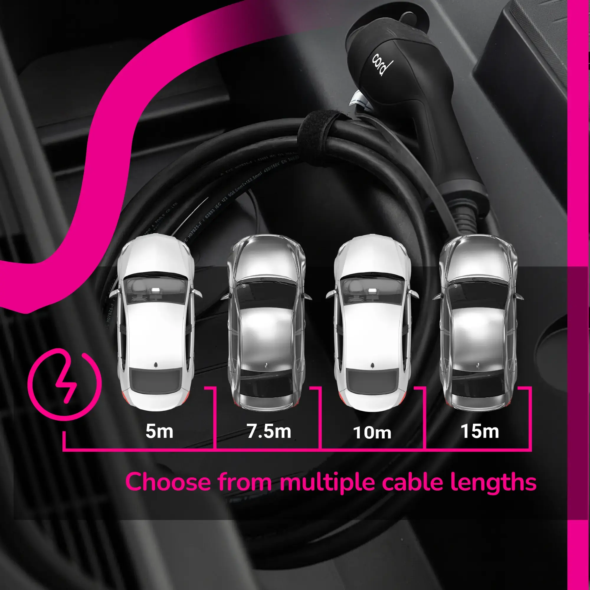 CORD EV Charging Cable - 15m Type 2 to Type 2, 230V 32A 7.4kW, Single Phase