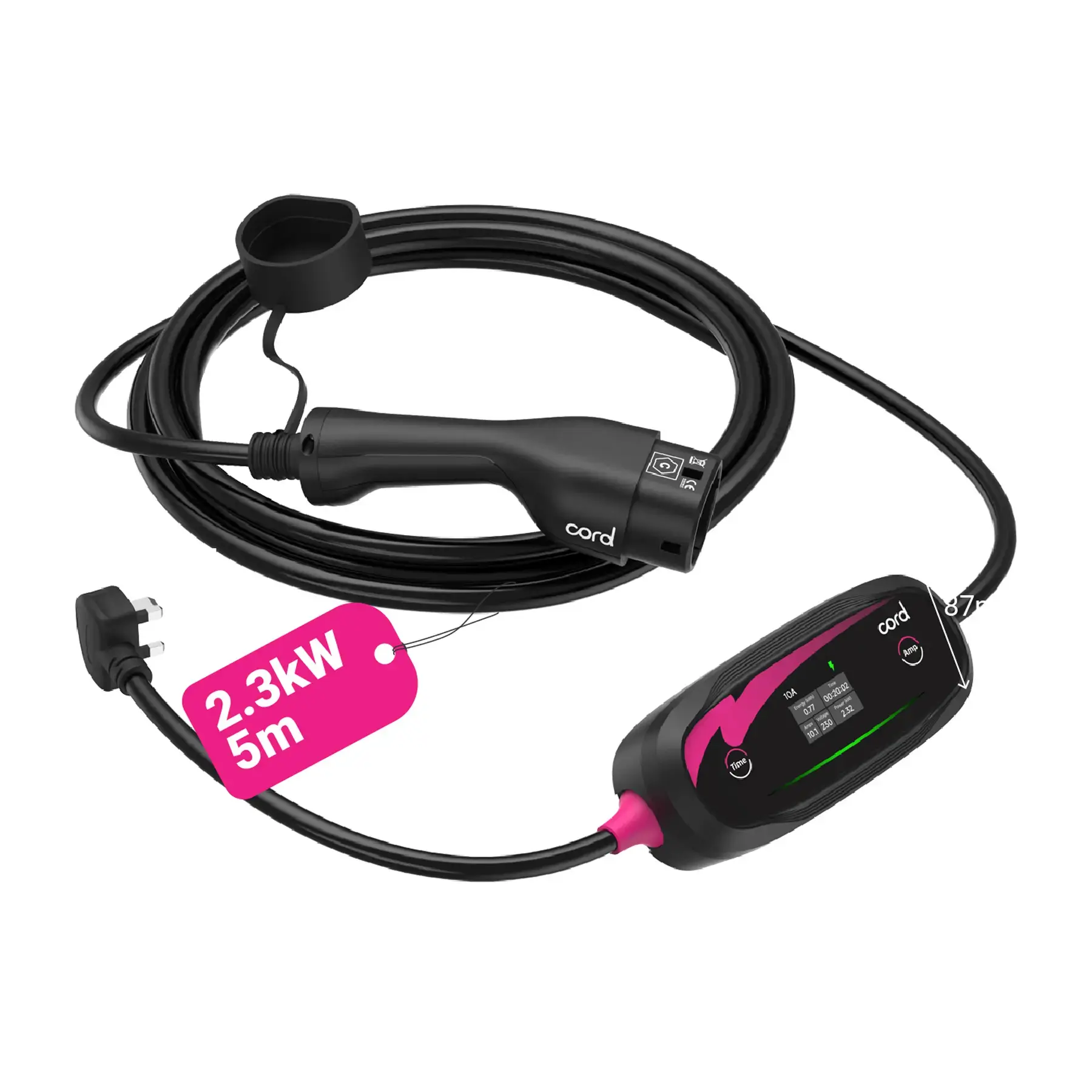 CORD Plus Portable EV Charger with LCD Screen - 5m Adjustable 230V 6A-10A Max 2.3kW w