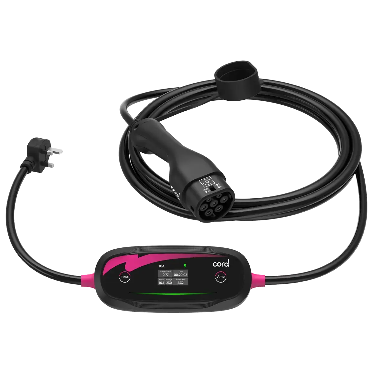 CORD Plus Portable EV Charger with LCD Screen – 10m – Adjustable 230V 6A-8A-10A Max 2.3kW