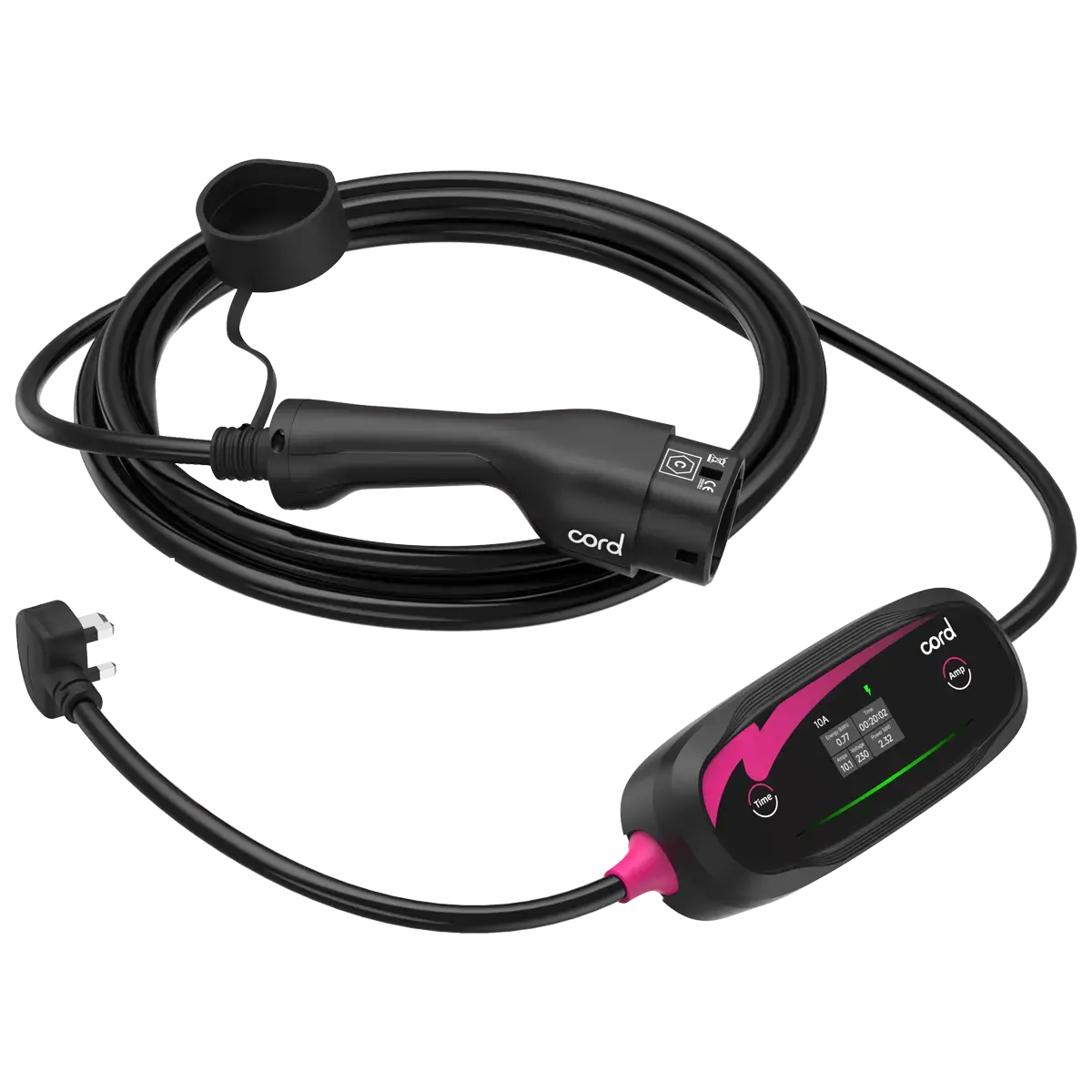 CORD Plus Portable EV Charger with LCD Screen – 10m – Adjustable 230V 6A-8A-10A Max 2.3kW