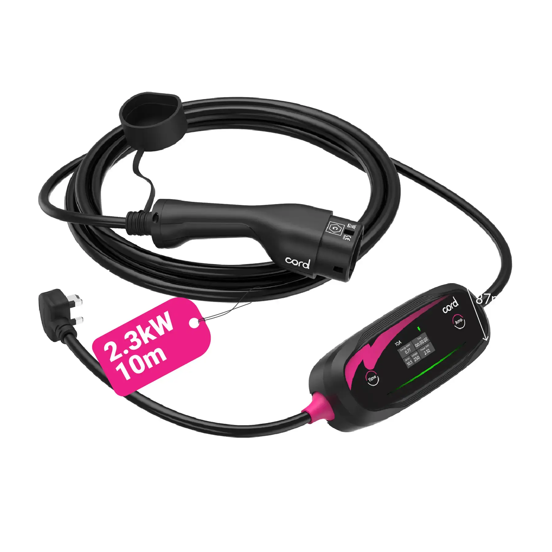 CORD Plus Portable EV Charger with LCD Screen - 10m Adjustable 230V 6A-10A Max 2.3kW