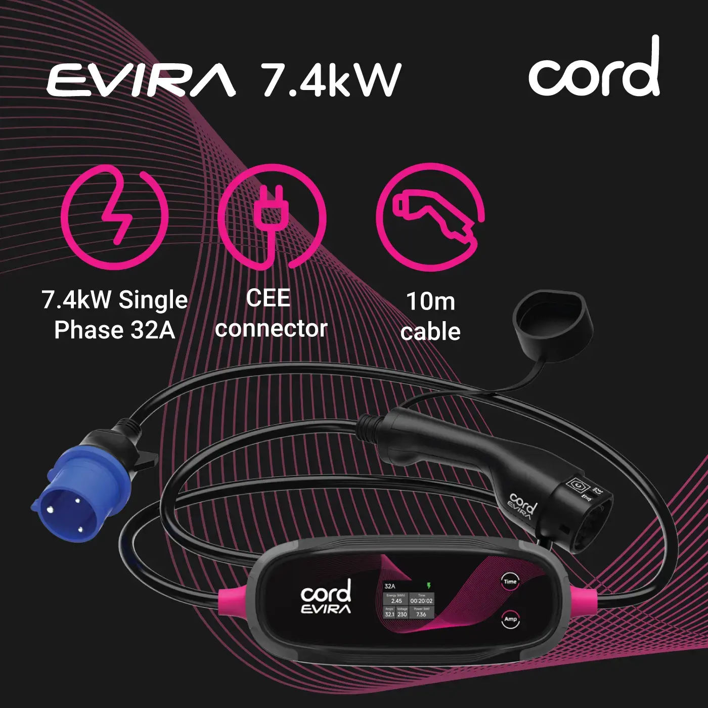 CORD Plus Portable EV Charger with LCD Screen – 5m – Adjustable 230V 6A-8A-10A Max 2.3kW