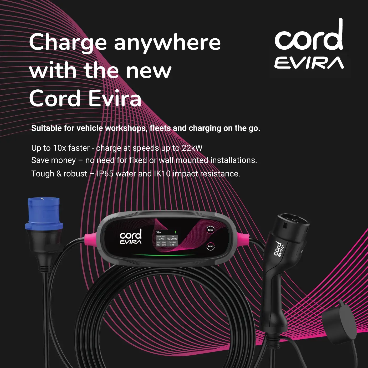 CORD Plus Portable EV Charger with LCD Screen – 5m – Adjustable 230V 6A-8A-10A Max 2.3kW