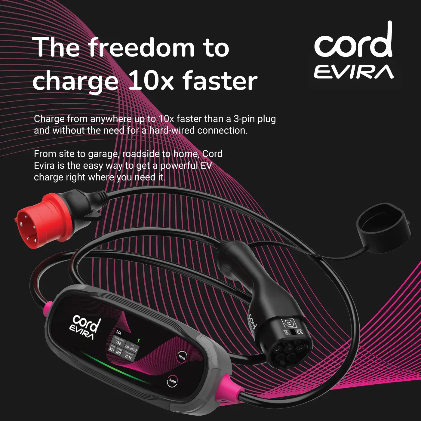 CORD Plus Portable EV Charger with LCD Screen – 5m – Adjustable 230V 6A-8A-10A Max 2.3kW