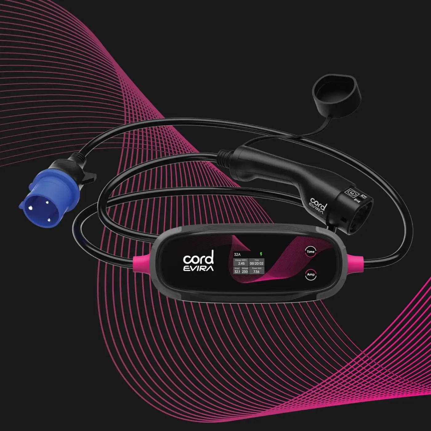 CORD Plus Portable EV Charger with LCD Screen – 5m – Adjustable 230V 6A-8A-10A Max 2.3kW