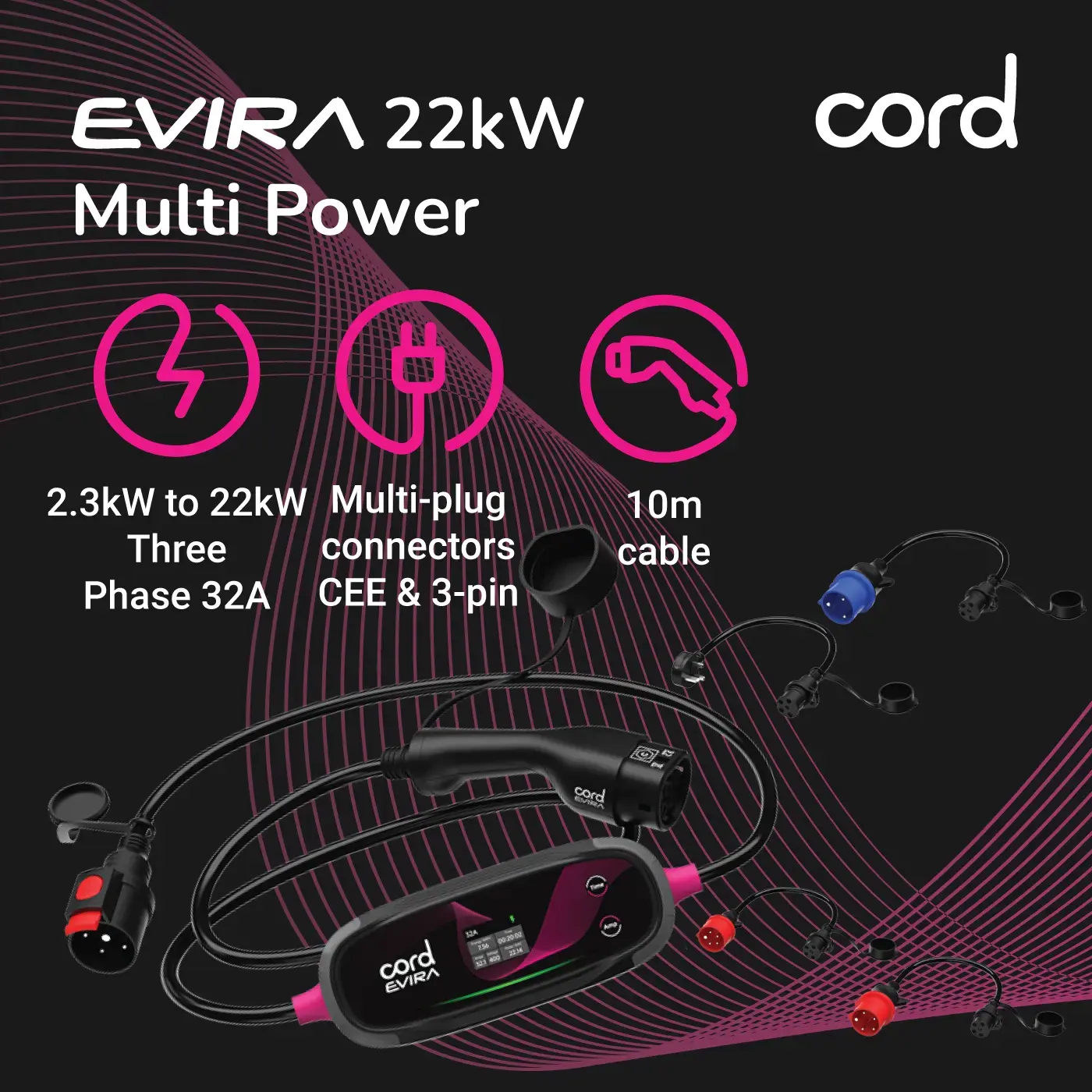 CORD EVIRA Multi-Power Professional Portable Charger – 10m 2.3kW – 22kW CEE/ 3pin Plug