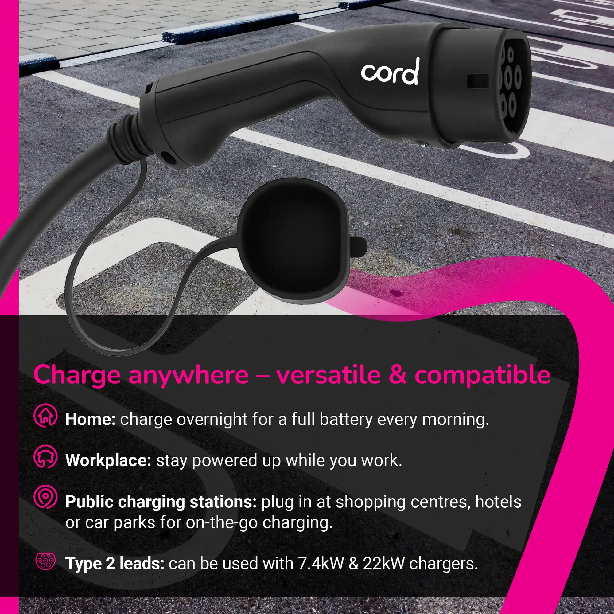 CORD EV Charging Cable - 20m Type 2 to Type 2, 230V 32A 7.4kW, Single Phase