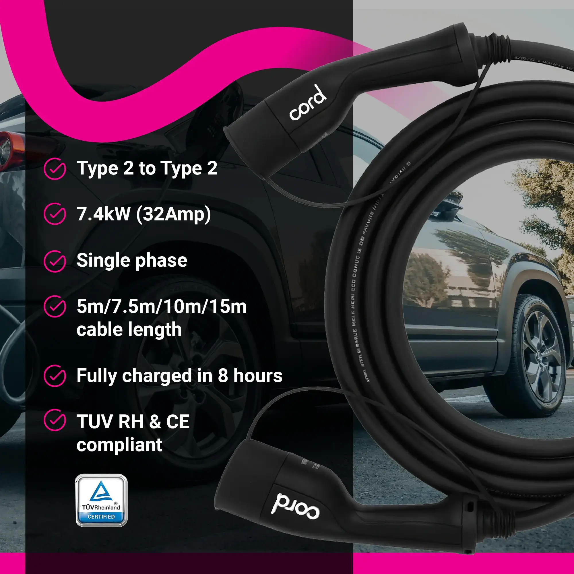 CORD EV Charging Cable - 20m Type 2 to Type 2, 230V 32A 7.4kW, Single Phase