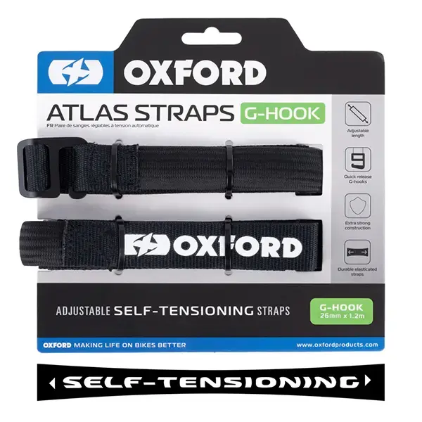 Oxford Atlas G-Hook 26mm x 1.2M Adjustable Self Tensioning Straps Black (Pair)