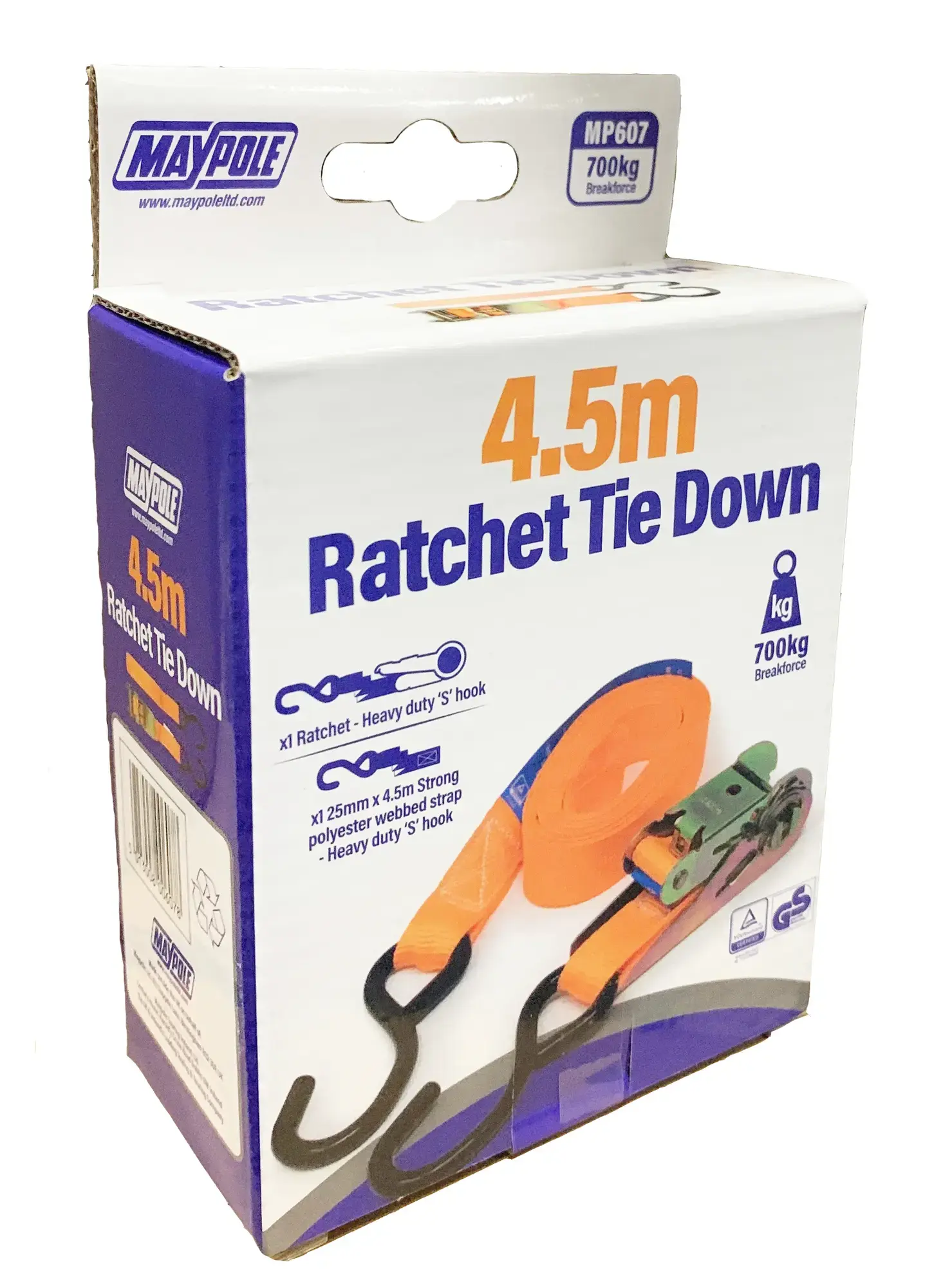Maypole MP607 25mm x 4.5m 600Kg Ratchet Strap & Hooks