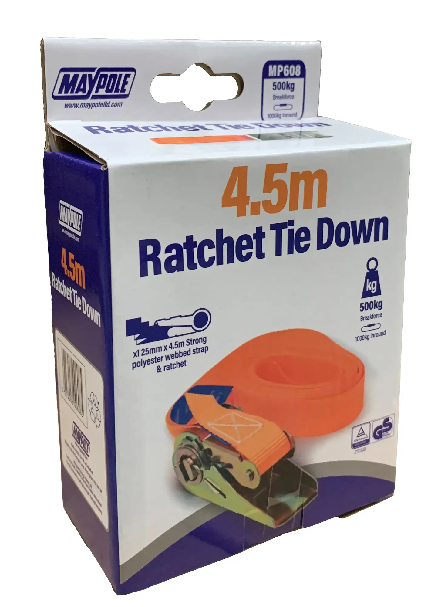Maypole MP608 25mm x 4.5m 600Kg Ratchet Strap & Hooks