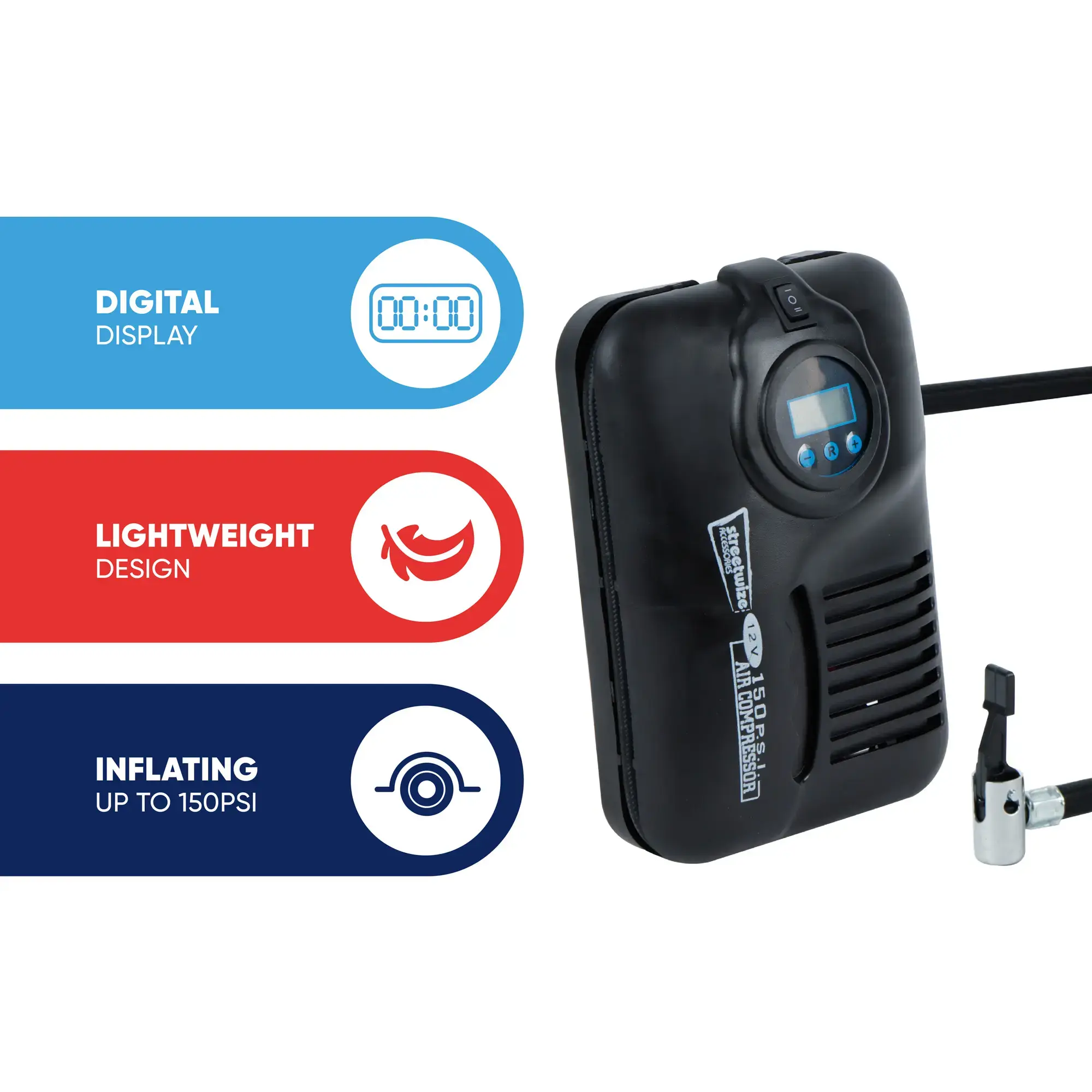 Streetwize 150PSI 12V Compact Digital Air Compressor With Auto Shut-Off