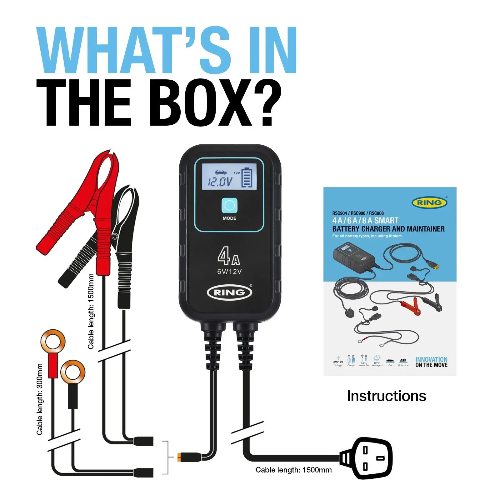 Ring Auto RSC904 SMARTCHARGE 4 Charger & Maintainer Lithium Battery Compatible 6V / 12V