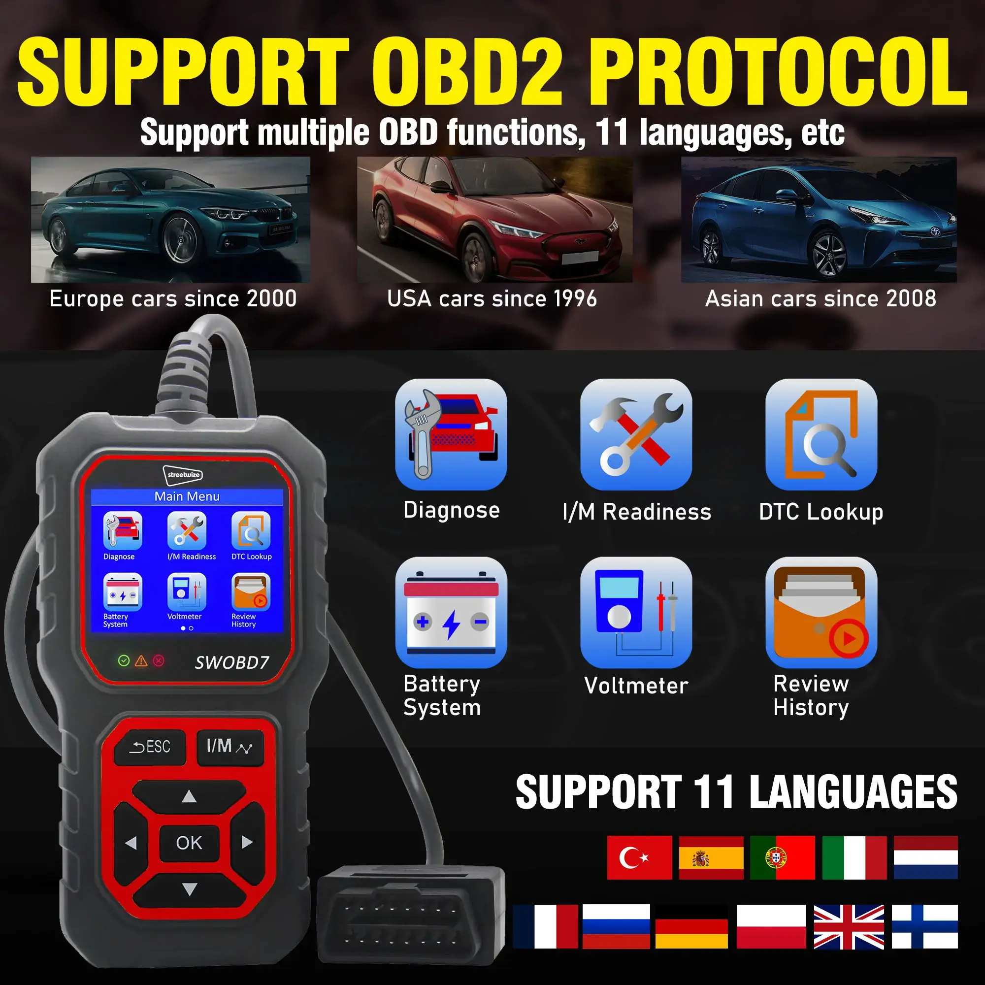 Streetwize Auto Diagnostic OBD2 Scanner with Coloured Screen