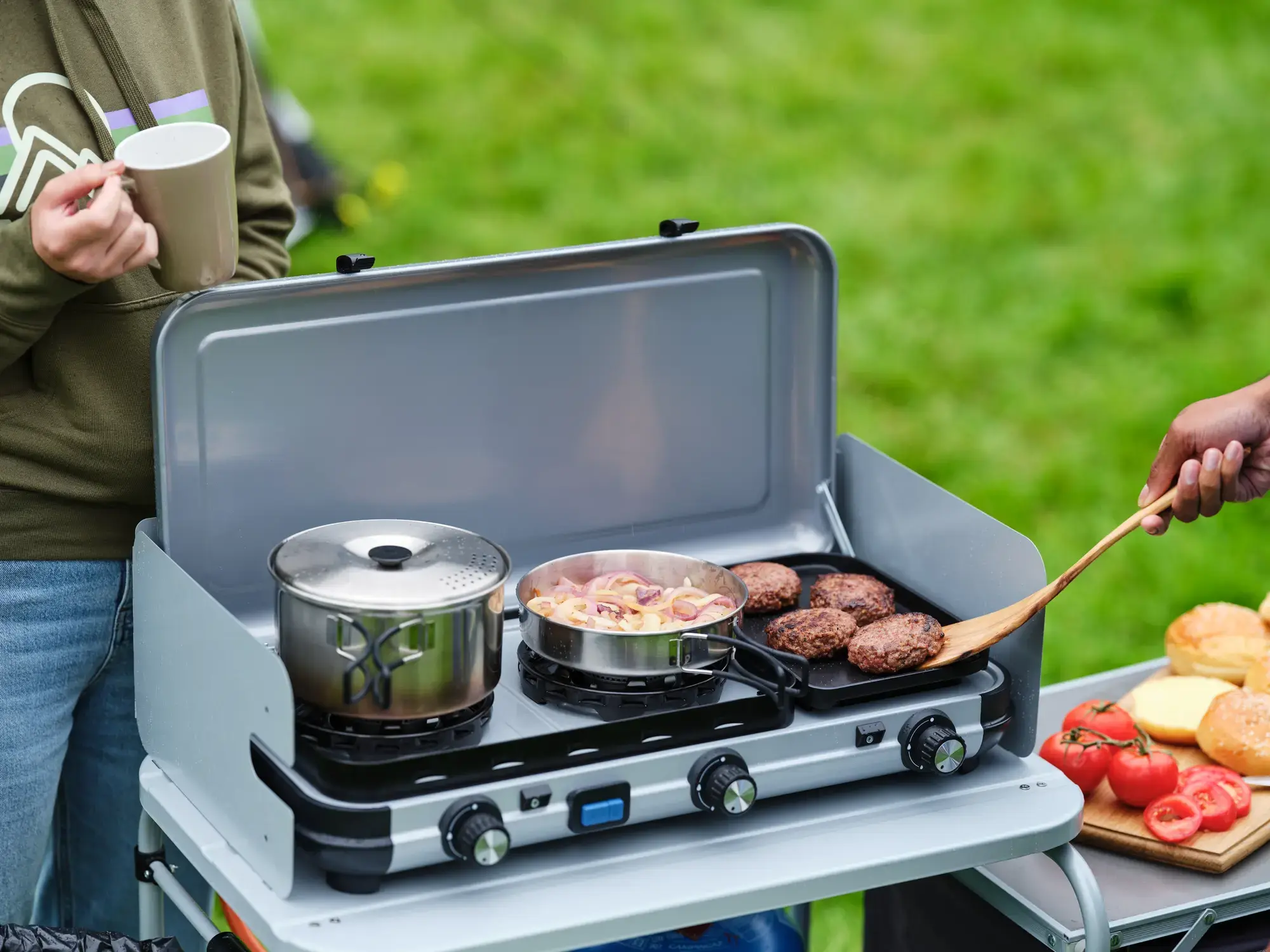 Campingaz Camping Kitchen™ 2 Multi-Cook Double Burner Portable Camping Gas Stove and Sid