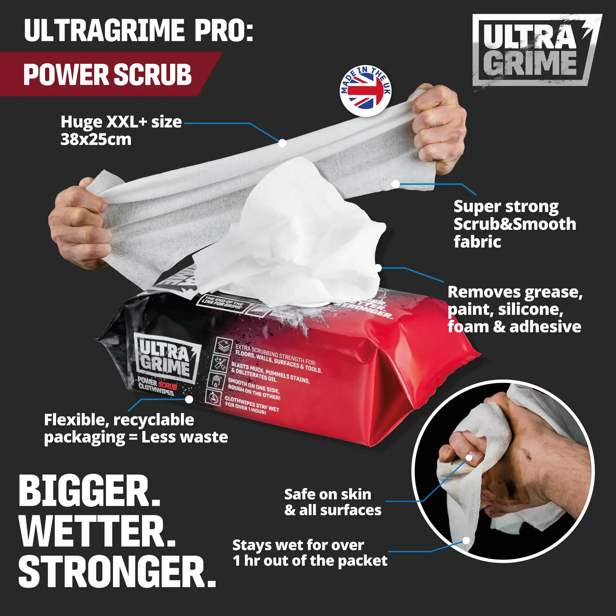 UltraGrime Pro Power Scrub XXL Clothwipes 80 Pack