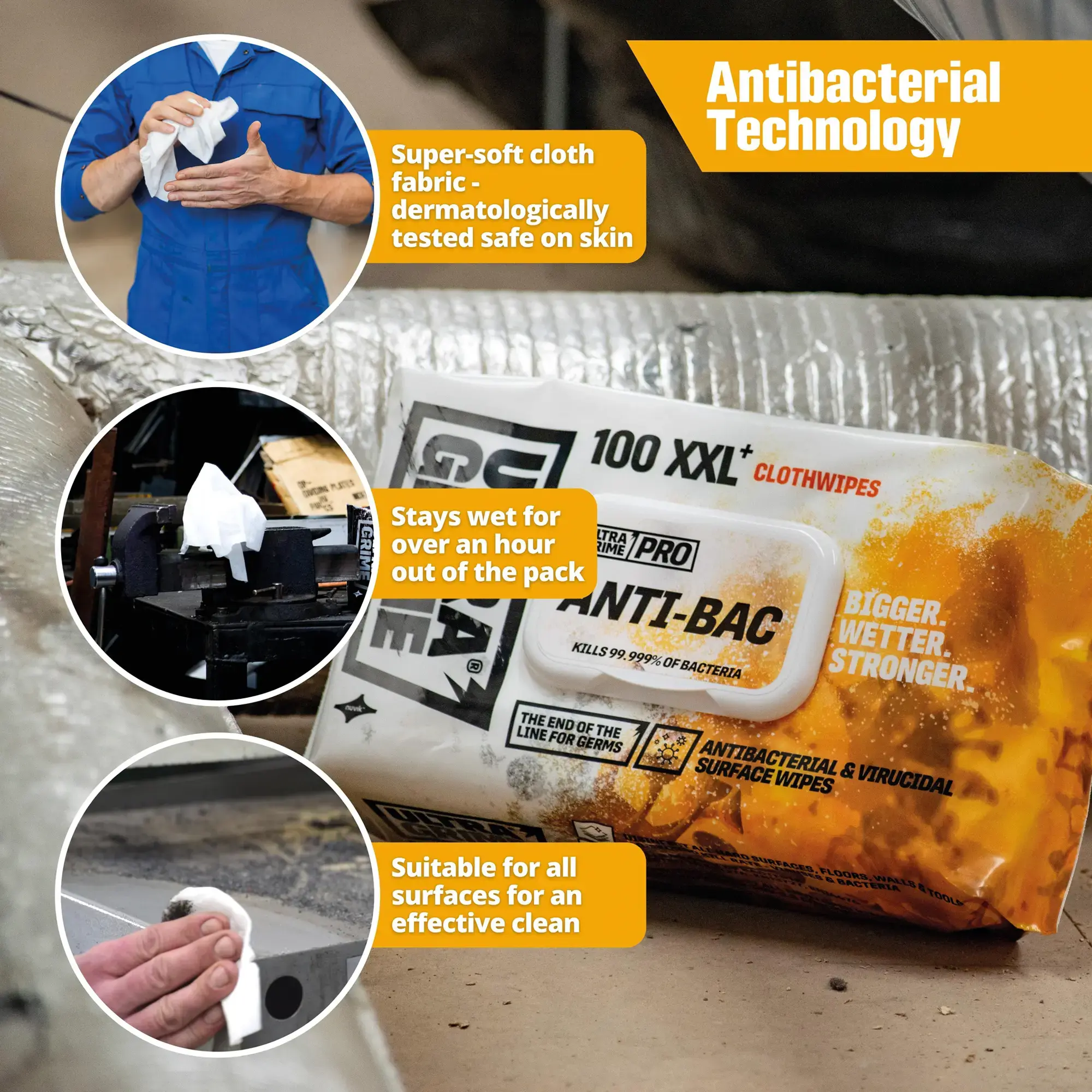 UltraGrime Pro Anti-Bac XXL Clothwipes 100 Pack