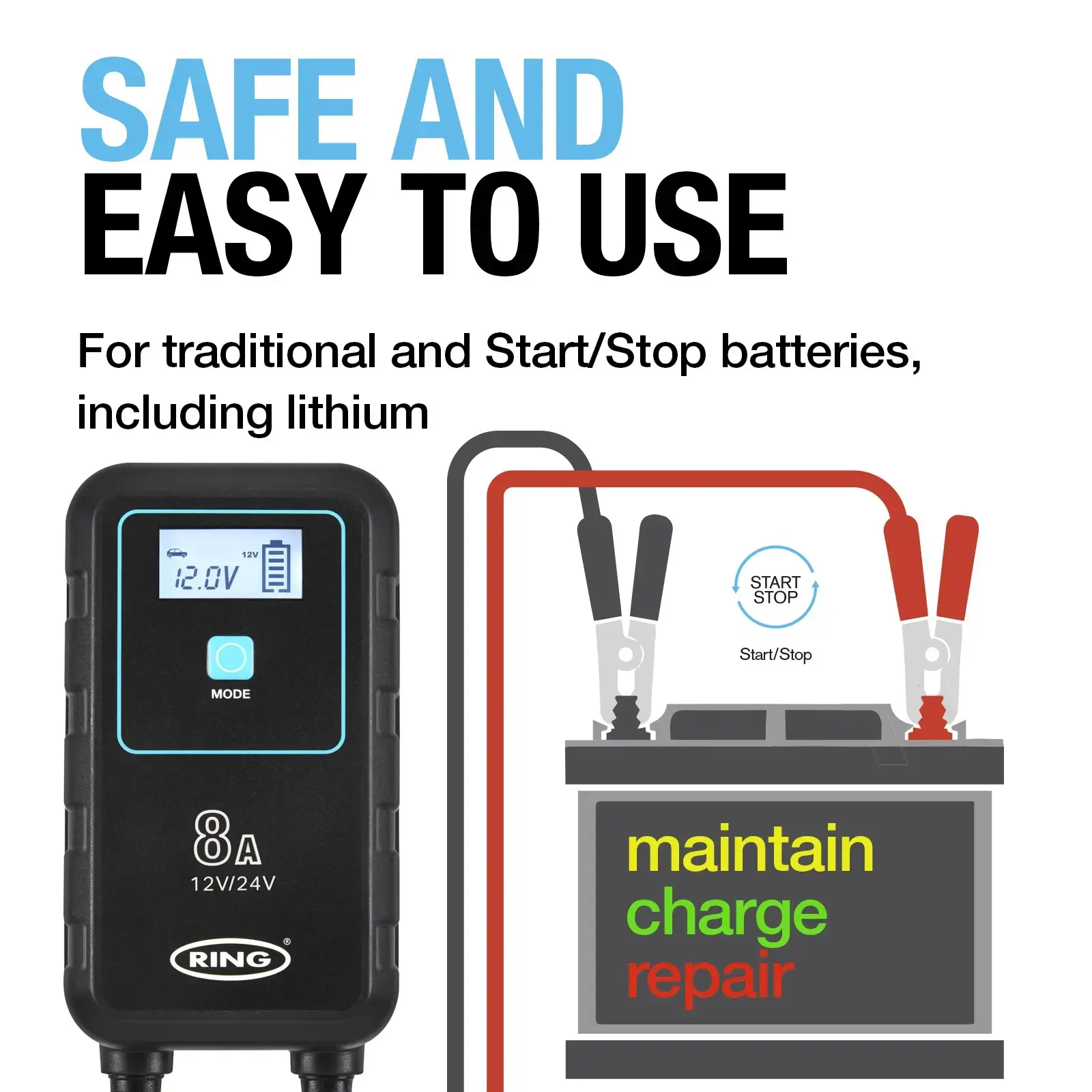 Ring Auto SMARTCHARGE 8 Charger & Maintainer Lithium Battery Compatible 6V / 12V