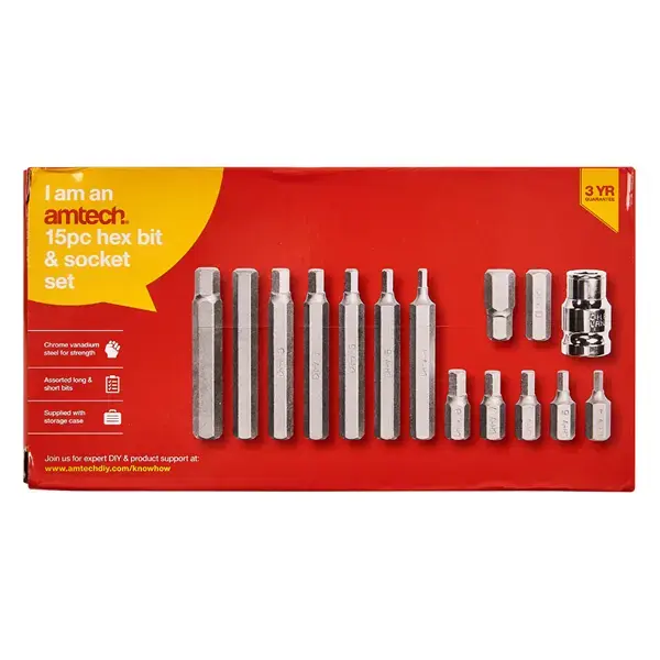 amtech 15pc Hex Bit & Socket Set