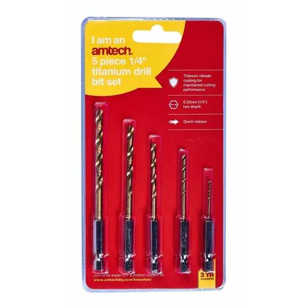 amtech 5pc 1/4" Tin Coated Drill Bit Set