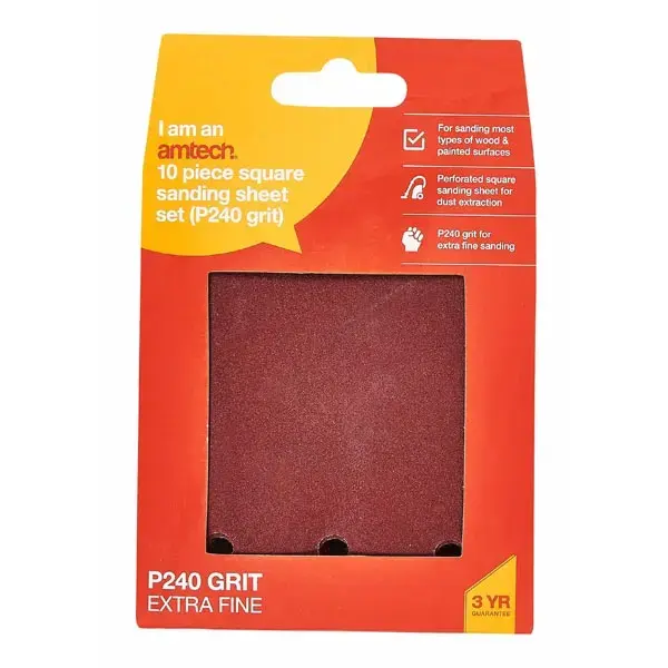 amtech 10pc Square Sanding Sheet Set (P240 Grit ) (110 X 100mm)