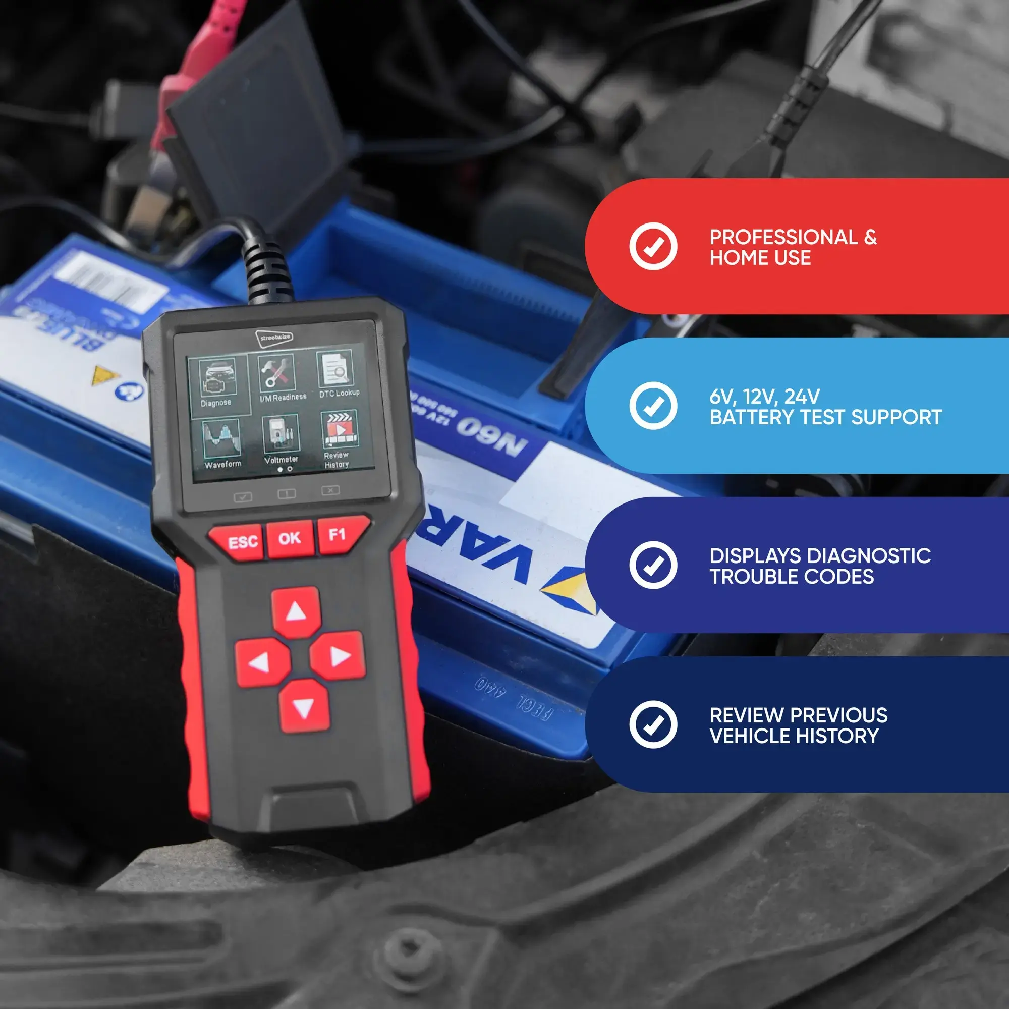 Streetwize 2 in 1 OBDII Fault Scanner with Battery Tester