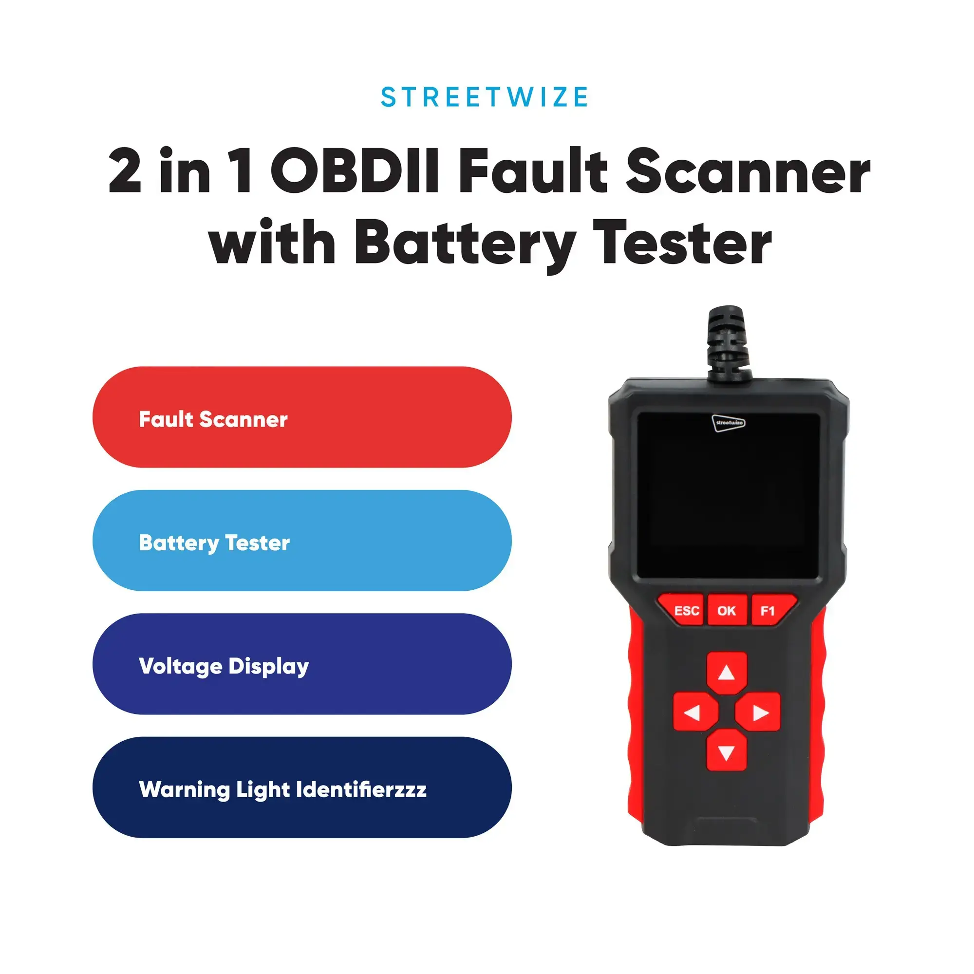 Streetwize 2 in 1 OBDII Fault Scanner with Battery Tester