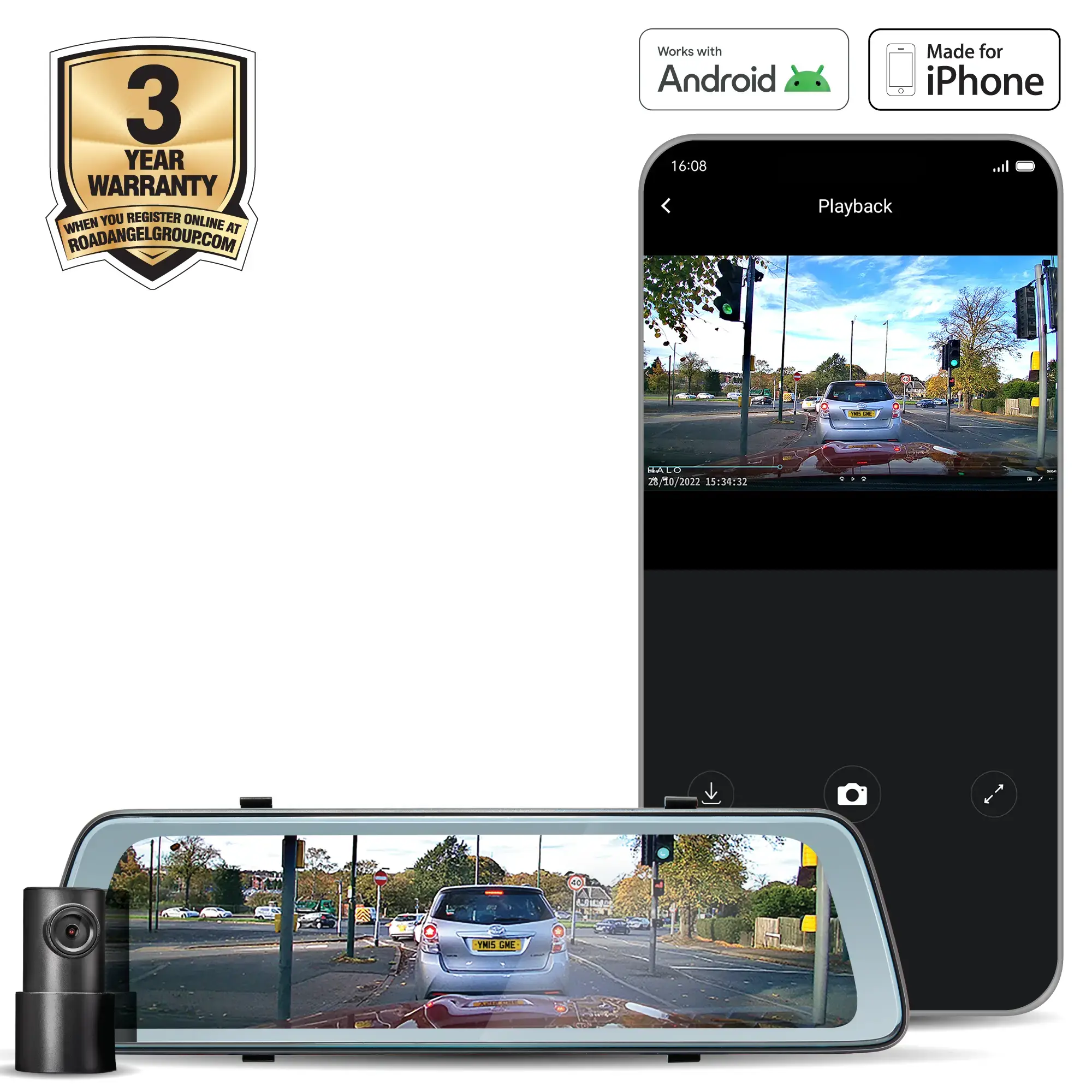 Road Angel Halo Vision 2 Mirror Dash Cam – 10” Touchscreen + Rear 1080p Cam with Hardwi