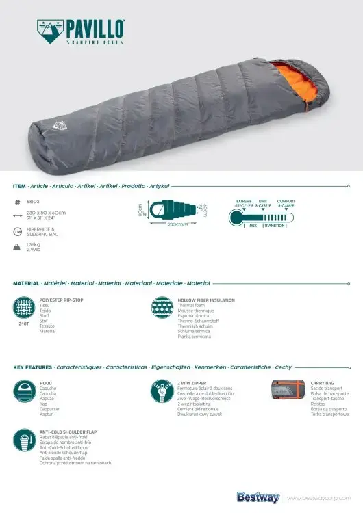 Bestway Pavillo™ Hiberhide 5 Sleeping Bag – Grey and Orange – 230x80x60 cm