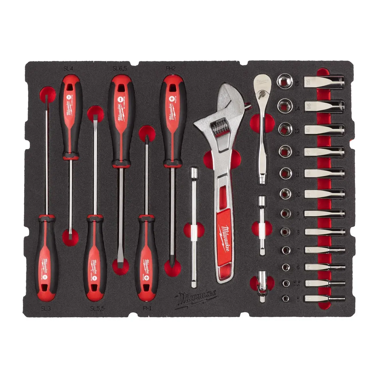 Milwaukee 1/4" Ratchet and Socket and Trilobe Screwdriver and Wrench Set PACKOUT™ Foam Insert